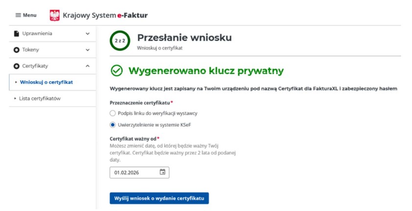 Potwierdzenie wygenerowania klucza