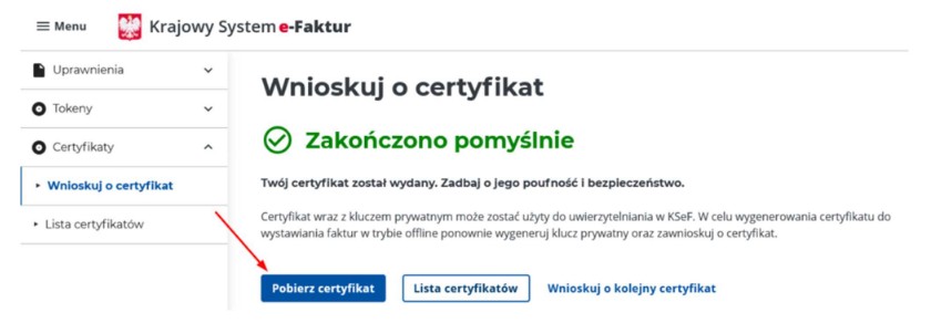 Potwierdzenie wygenerowania certyfikatu